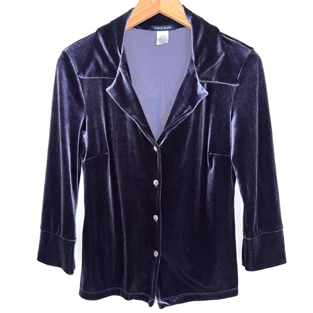 Boston Proper Purple Velvet 90s Mom Collared Button Front Shirt Size Small